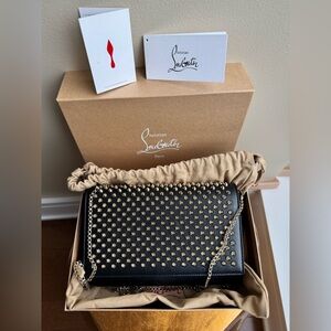 Christian Louboutin Clutch Crossbody Bag, calf leather with spikes, Black, Gold